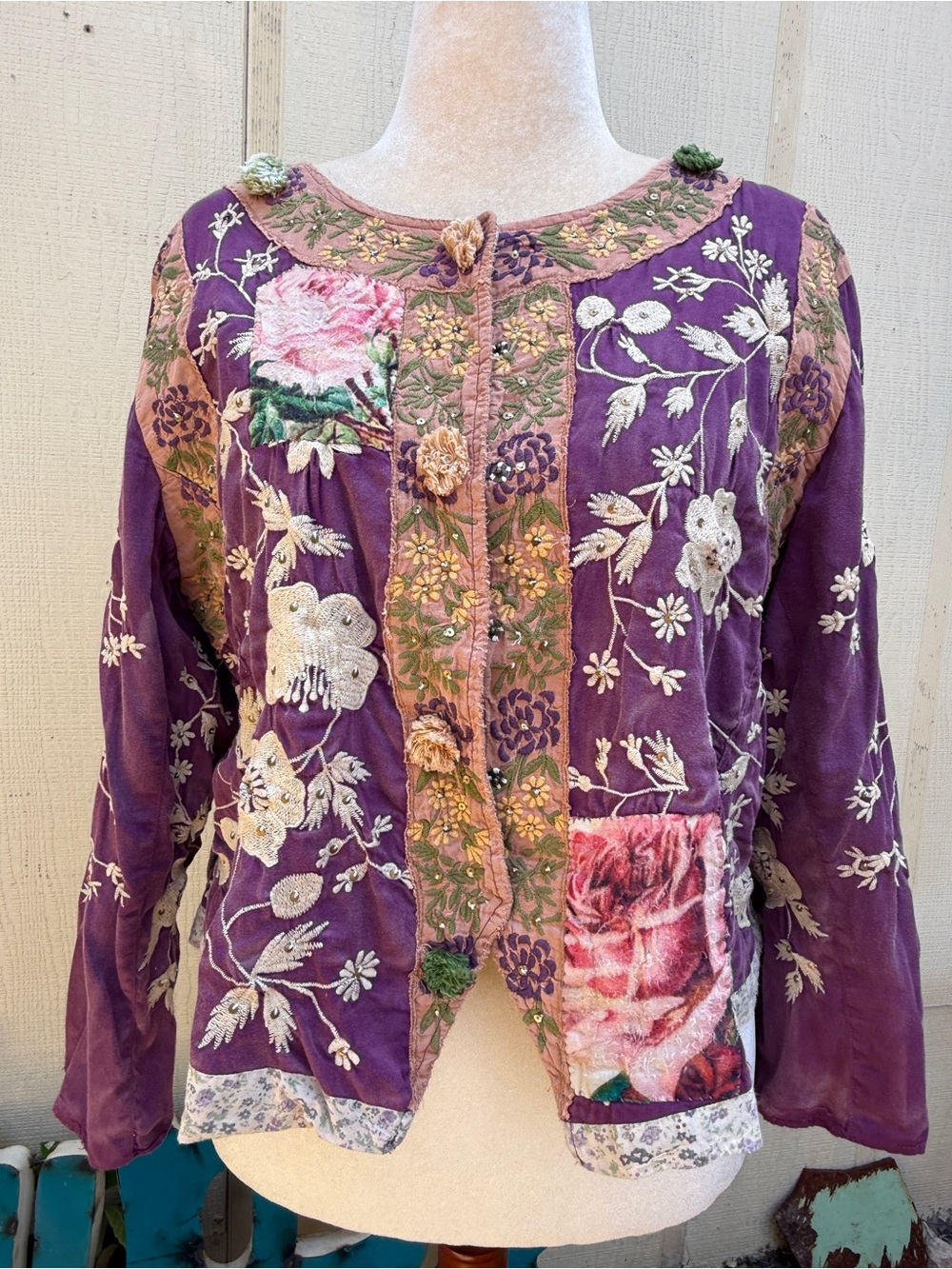 Magnolia Pearl Penrose Embroidered Applique Cropped Jacket Reversible Bird Boho